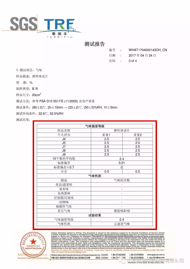 泰瑞丰TPE气味监测证书